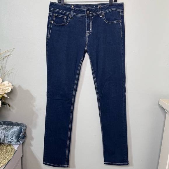 Miss Me Easy Skinny Jean Fleur De Lis Dark Wash Jeans Rhinestone Bling Size 31 - Picture 3 of 10